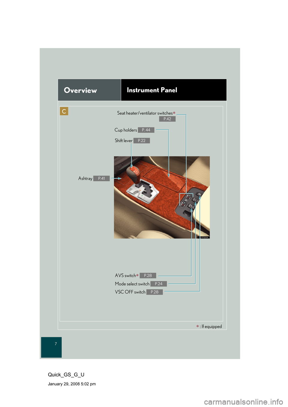 Lexus GS350 2008  Do-it-yourself maintenance / LEXUS 2008 GS460/350 QUICK GUIDE OWNERS MANUAL (OM30B04U) 7
Quick_GS_G_U
January 29, 2008 5:02 pm
C
OverviewInstrument Panel
AVS switch P.28
Seat heater/ventilator switches
 P.42
Mode select switch P.24
VSC OFF switch P.28
Cup holders P. 44
Shift le