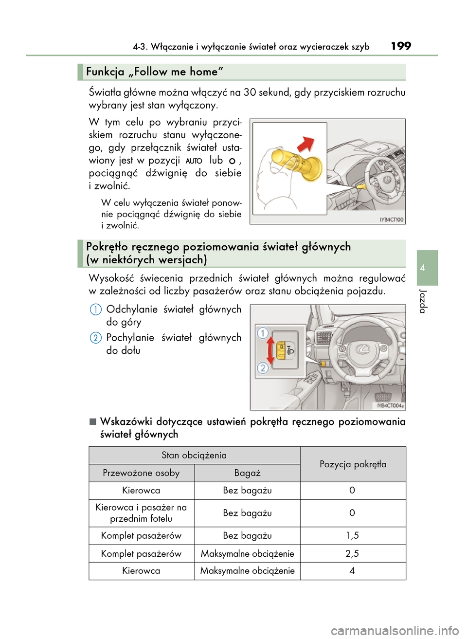 Lexus CT200h 2017  Instrukcja Obsługi (in Polish) Âwiat∏a g∏ówne mo˝na w∏àczyç na 30 sekund, gdy przyciskiem rozruchu
wybrany jest stan wy∏àczony.
W tym  celu  po  wybraniu  przyci-
skiem  rozruchu  stanu  wy∏àczone-
go,  gdy  prze