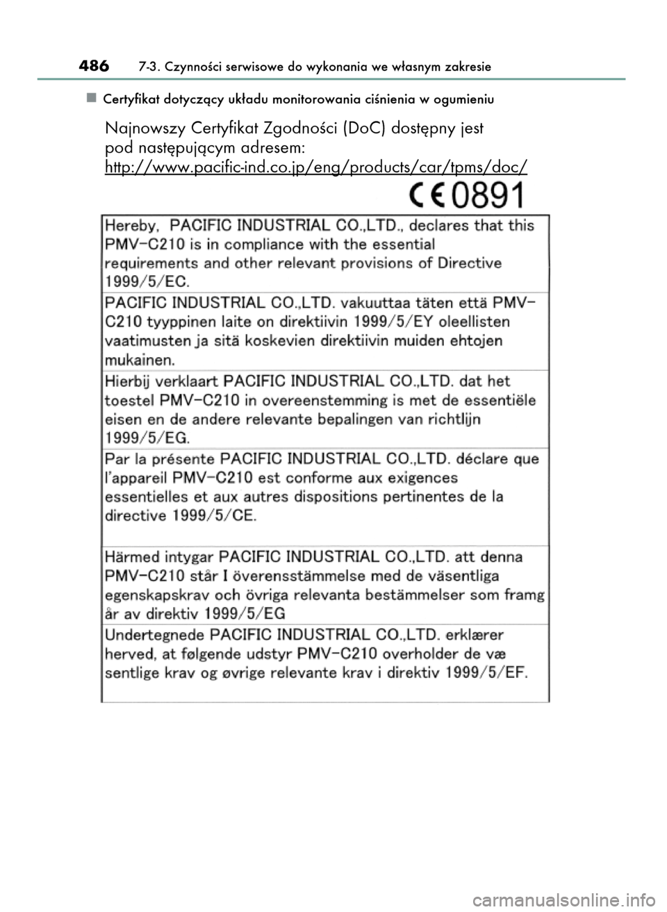 Lexus CT200h 2017  Instrukcja Obsługi (in Polish) Certyfikat dotyczàcy uk∏adu monitorowania ciÊnienia w ogumieniu
4867-3. CzynnoÊci serwisowe do wykonania we w∏asnym zakresie
Najnowszy Certyfikat ZgodnoÊci (DoC) dost´pny jest 
pod nast´puj�