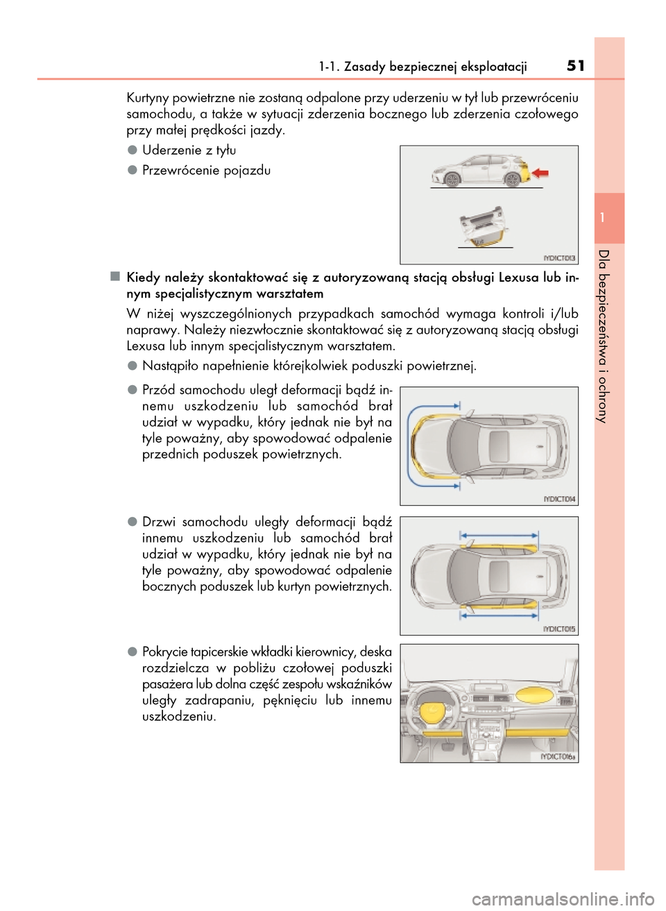 Lexus CT200h 2017  Instrukcja Obsługi (in Polish) Kurtyny powietrzne nie zostanà odpalone przy uderzeniu w ty∏ lub przewróceniu
samochodu, a tak˝e w sytuacji zderzenia bocznego lub zderzenia czo∏owego
przy ma∏ej pr´dkoÊci jazdy.
Uderzenie 