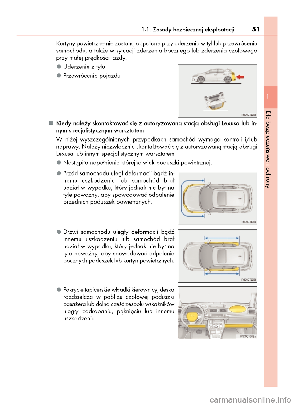 Lexus CT200h 2017 Instrukcja Obsługi (in Polish) Kurtyny powietrzne nie zostanà odpalone przy uderzeniu w ty∏ lub przewróceniu
samochodu, a tak˝e w sytuacji zderzenia bocznego lub zderzenia czo∏owego
przy ma∏ej pr´dkoÊci jazdy.
Uderzenie Lexus CT200h 2017 Instrukcja Obsługi (in Polish) Kurtyny powietrzne nie zostanà odpalone przy uderzeniu w ty∏ lub przewróceniu
samochodu, a tak˝e w sytuacji zderzenia bocznego lub zderzenia czo∏owego
przy ma∏ej pr´dkoÊci jazdy.
Uderzenie