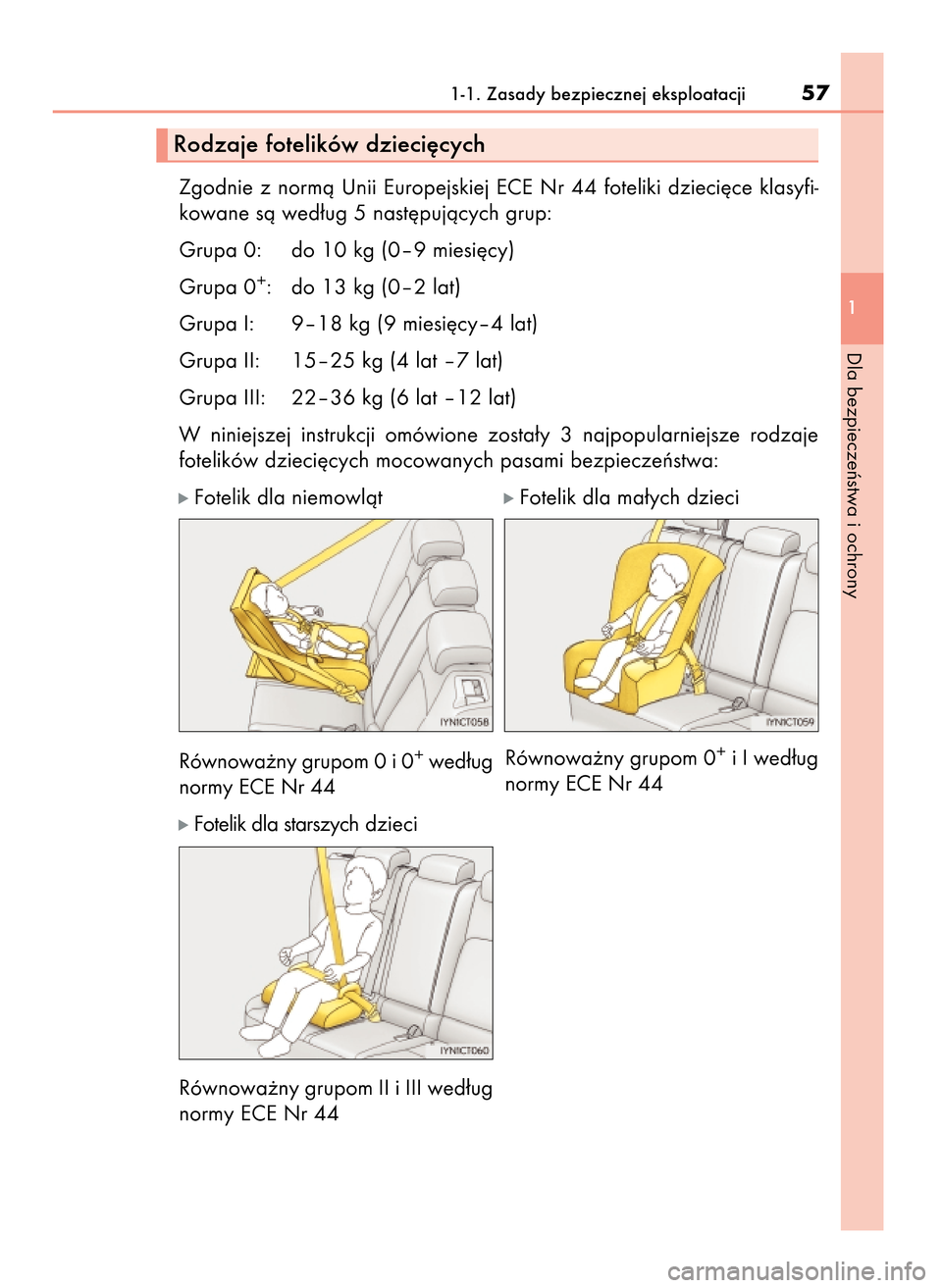 Lexus CT200h 2017  Instrukcja Obsługi (in Polish) Zgodnie  z normà  Unii  Europejskiej  ECE  Nr  44  foteliki  dzieci´ce  klasyfi-
kowane sà wed∏ug 5 nast´pujàcych grup:
Grupa 0: do 10 kg (0–9 miesi´cy)
Grupa 0
+: do 13 kg (0–2 lat)
Grupa
