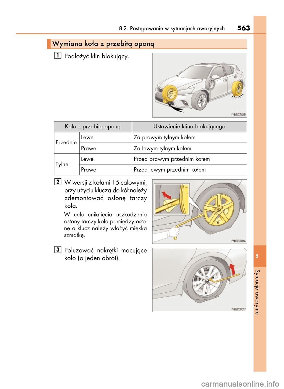 Lexus CT200h 2017  Instrukcja Obsługi (in Polish) Pod∏o˝yç klin blokujàcy.
W wersji z ko∏ami 15-calowymi,
przy u˝yciu klucza do kó∏ nale˝y
zdemontowaç  os∏on´  tarczy
ko∏a.
W celu  unikni´cia  uszkodzenia
os∏ony tarczy ko∏a pom