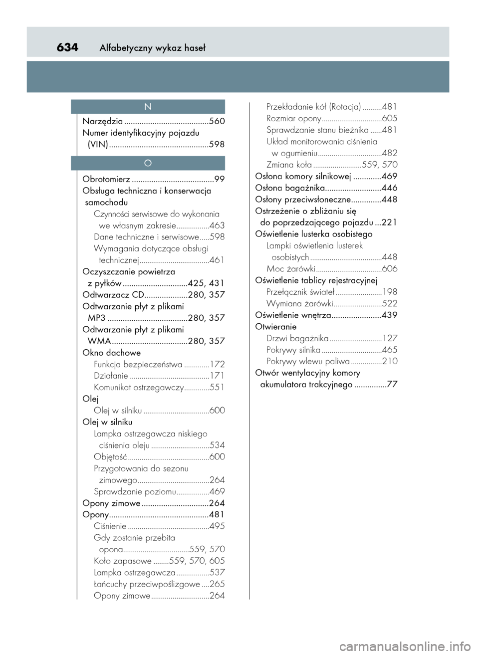 Lexus CT200h 2017  Instrukcja Obsługi (in Polish) Alfabetyczny wykaz hase∏634
Narz´dzia .......................................560
Numer identyfikacyjny pojazdu
(VIN) ..............................................598
Obrotomierz ..................