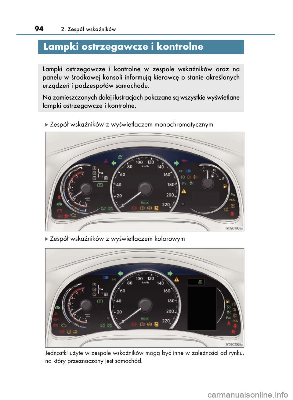 Lexus CT200h 2017  Instrukcja Obsługi (in Polish) ó Zespó∏ wskaêników z wyÊwietlaczem monochromatycznym
ó Zespó∏ wskaêników z wyÊwietlaczem kolorowym
Jednostki u˝yte w zespole wskaêników mogà byç inne w zale˝noÊci od rynku,
na kt