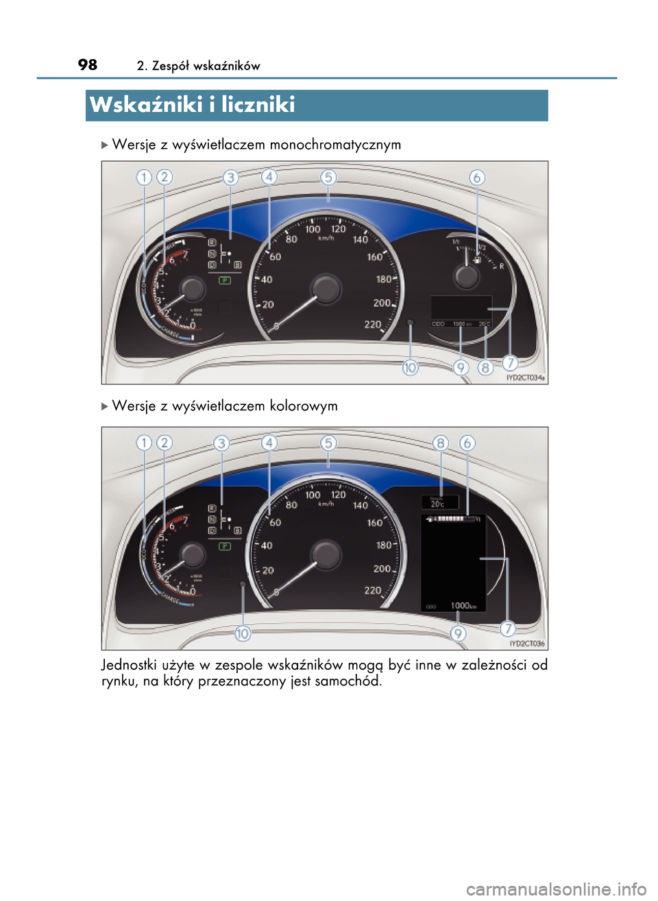 Lexus CT200h 2017  Instrukcja Obsługi (in Polish) ó Wersje z wyÊwietlaczem monochromatycznym
ó Wersje z wyÊwietlaczem kolorowym
Jednostki u˝yte w zespole wskaêników mogà byç inne w zale˝noÊci od
rynku, na który przeznaczony jest samochód