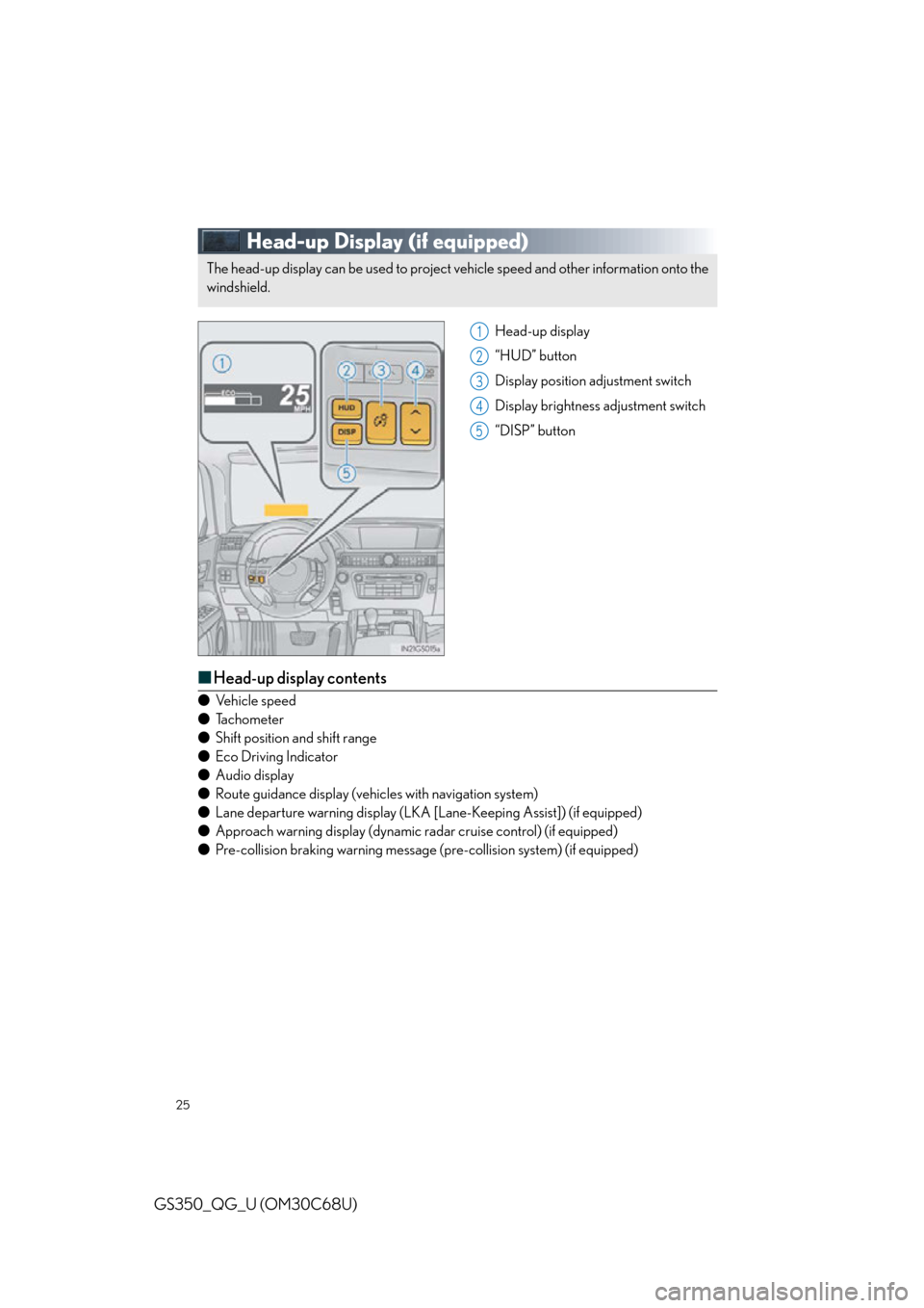 Lexus GS350 2013  Opening, closing and locking the doors and trunk / LEXUS 2013 GS350 QUICK GUIDE OWNERS MANUAL (OM30C68U) 25
GS350_QG_U (OM30C68U)
Head-up Display (if equipped)
Head-up display
“HUD” button
Display position adjustment switch
Display brightness adjustment switch
“DISP” button
■ Head-up display co