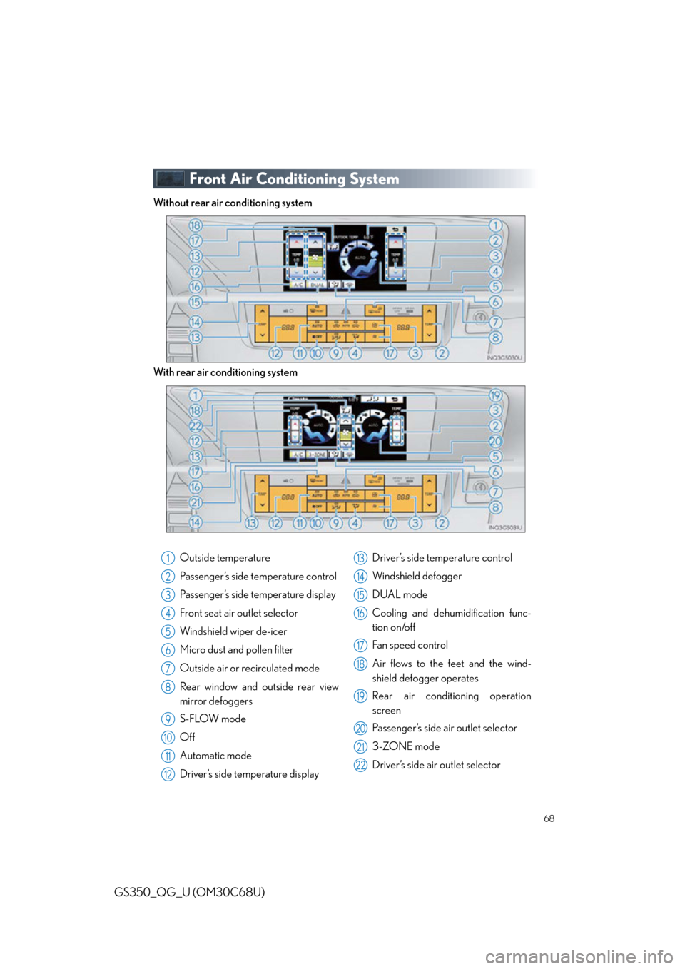 Lexus GS350 2013  Opening, closing and locking the doors and trunk / LEXUS 2013 GS350 QUICK GUIDE  (OM30C68U) Repair Manual 68
GS350_QG_U (OM30C68U)
Front Air Conditioning System
Without rear air conditioning system
With rear air conditioning system
Outside temperature
Passenger’s side temperature control
Passenger’s s