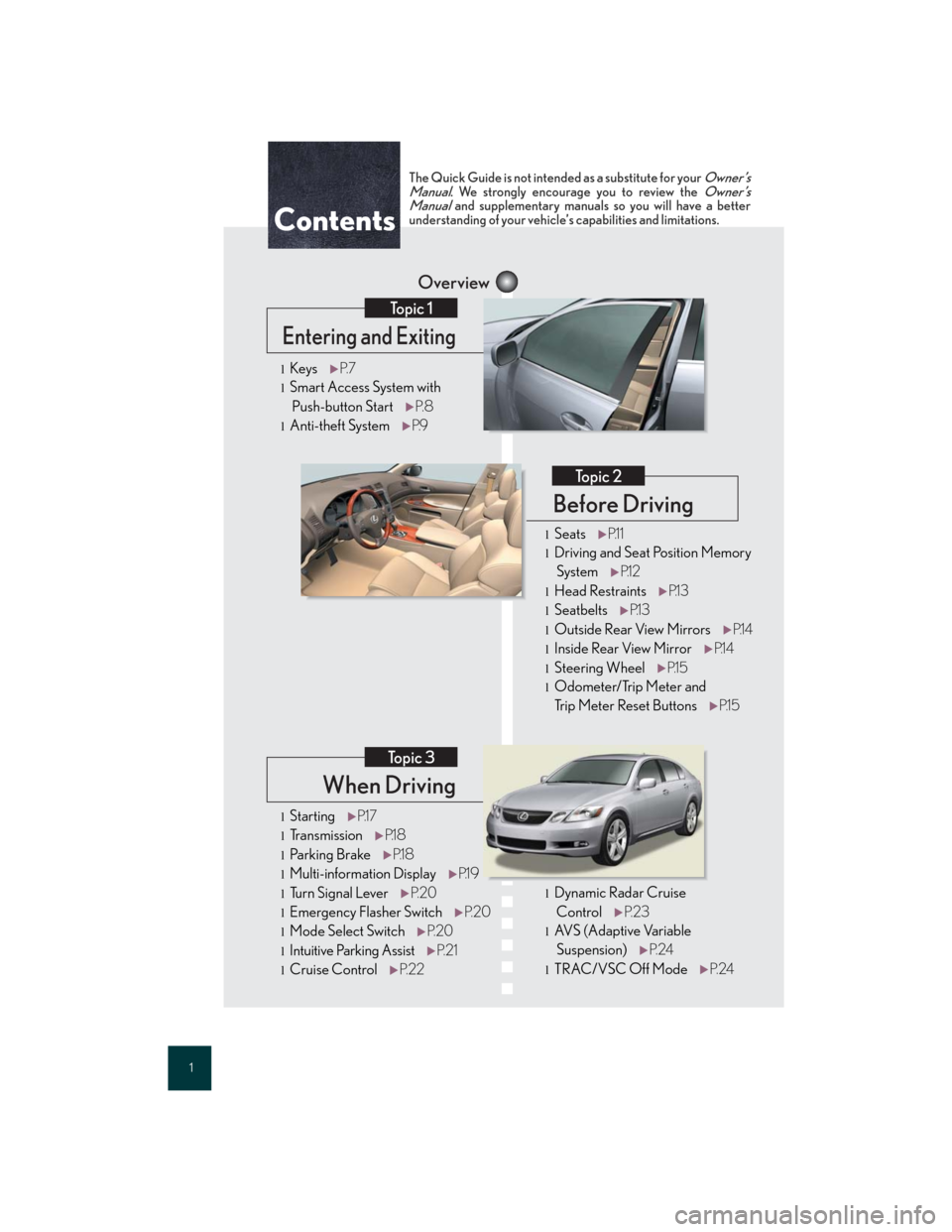 Lexus GS350 2007  Do-it-yourself maintenance / LEXUS 2007 GS430/350 QUICK REFERENCE MANUAL 1
When Driving
Topic 3
Overview
Contents
Entering and Exiting
Topic 1
Before Driving
Topic 2
lStartingP.1 7
lTransmissionP.1 8
lParking BrakeP.1 8
lMulti-information DisplayP.1 9
lTu r n  S i g n a l 