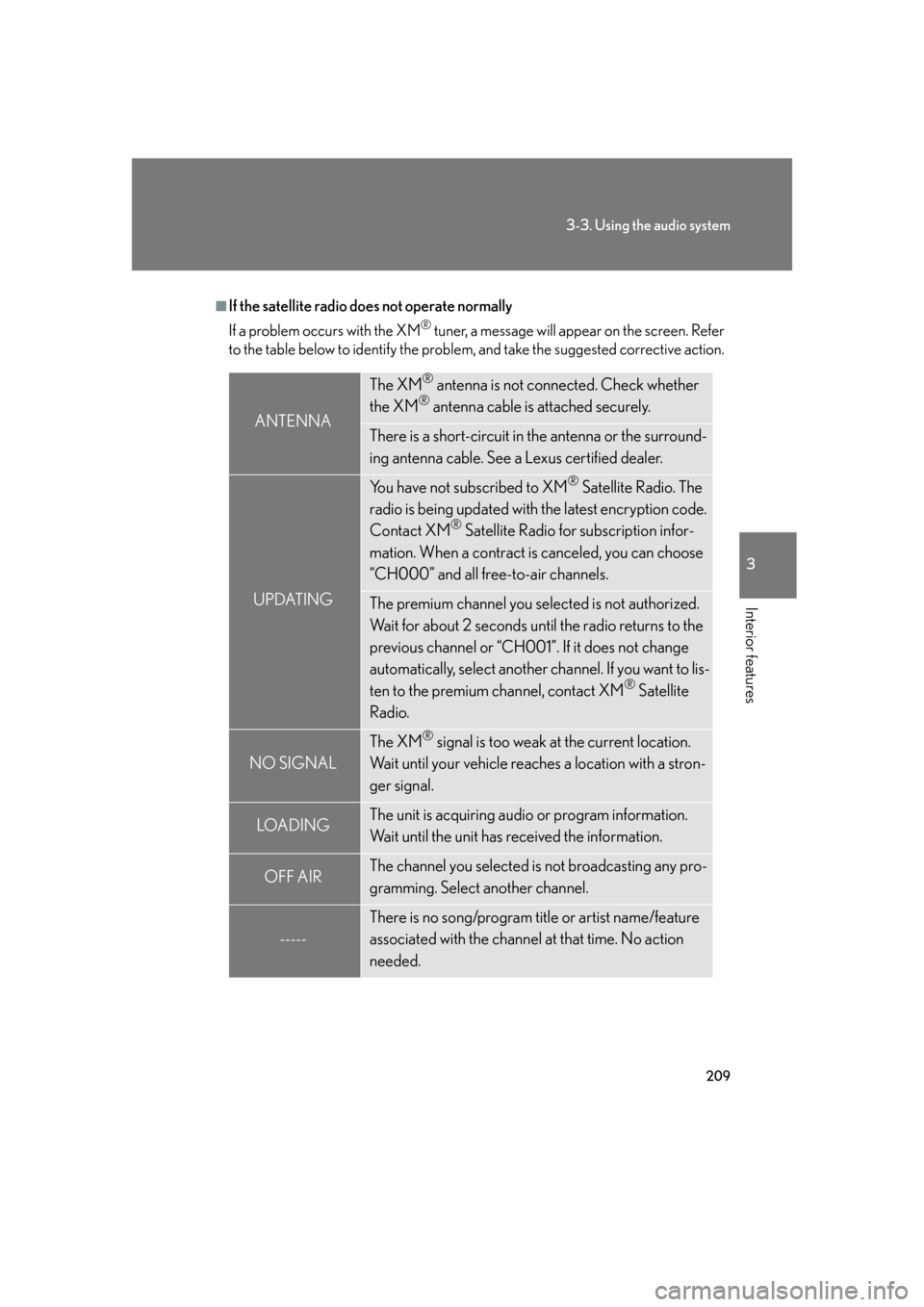 Lexus GS350 2007  Do-it-yourself maintenance / LEXUS 2007 GS430/350 OWNERS MANUAL (OM30A04U) 209
3-3. Using the audio system
3
Interior features
■If the satellite radio does not operate normally
If a problem occurs with the XM
® tuner, a message will appear on the screen. Refer 
to the tab