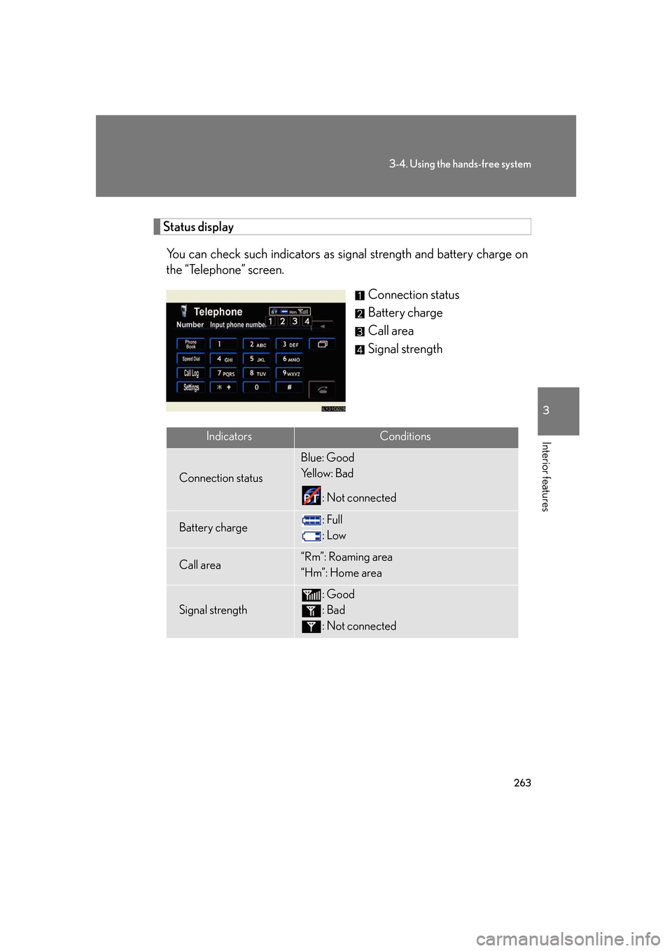 Lexus GS350 2007  Do-it-yourself maintenance / LEXUS 2007 GS430/350 OWNERS MANUAL (OM30A04U) 263
3-4. Using the hands-free system
3
Interior features
Status display
You can check such indicators as signal strength and battery charge on 
the “Telephone” screen.
Connection status
Battery ch
