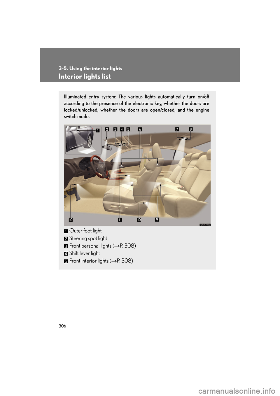 Lexus GS350 2007  Do-it-yourself maintenance / LEXUS 2007 GS430/350 OWNERS MANUAL (OM30A04U) 306
3-5. Using the interior lights
Interior lights list
Illuminated entry system: The various lights automatically turn on/off 
according to the presence of the electronic key, whether the doors are 

