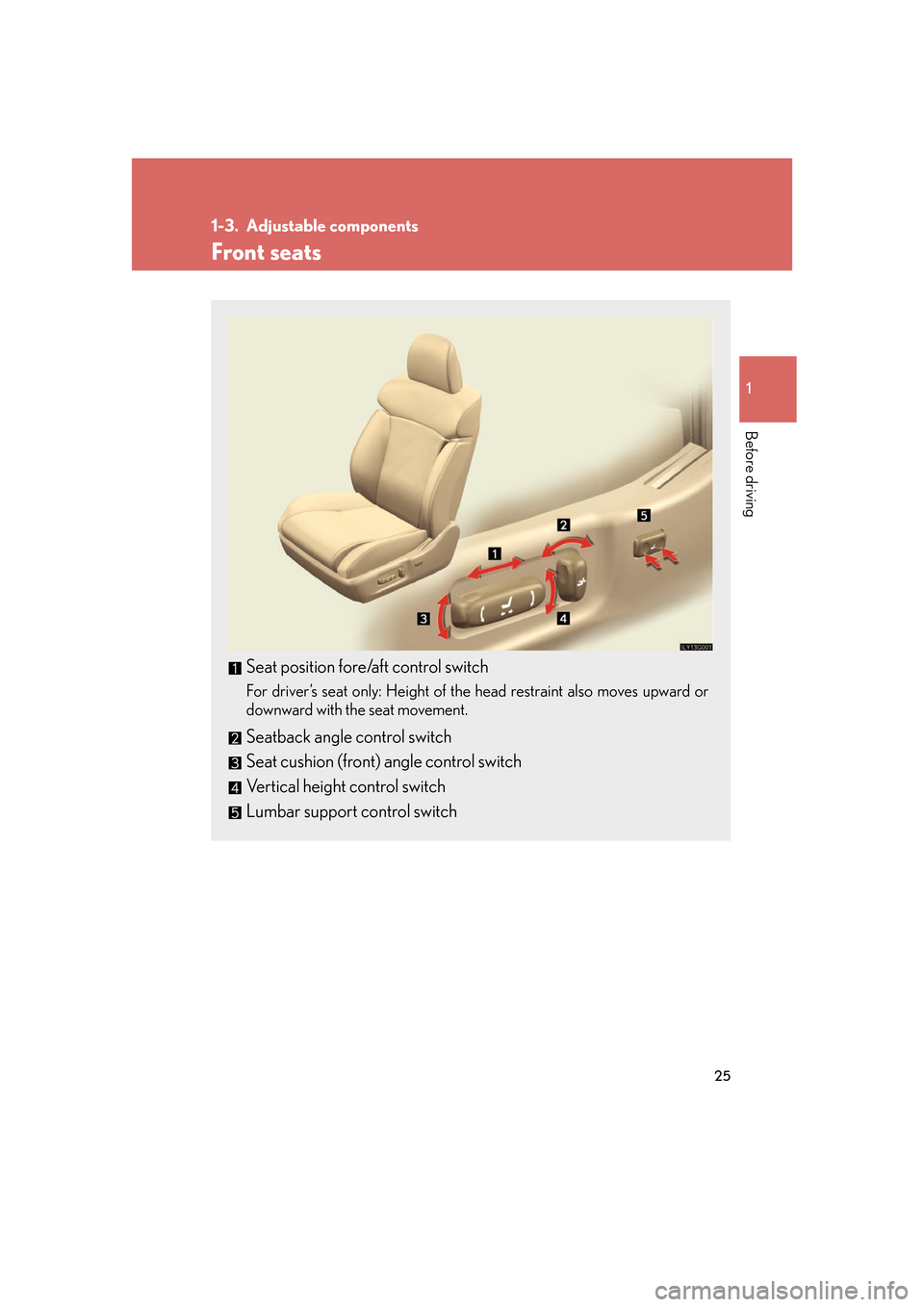 Lexus GS350 2007  Do-it-yourself maintenance / LEXUS 2007 GS430/350  (OM30A04U) Service Manual 25
1
Before driving
1-3. Adjustable components
Front seats
Seat position fore/aft control switch
For driver’s seat only: Height of the head restraint also moves upward or 
downward with the seat mov