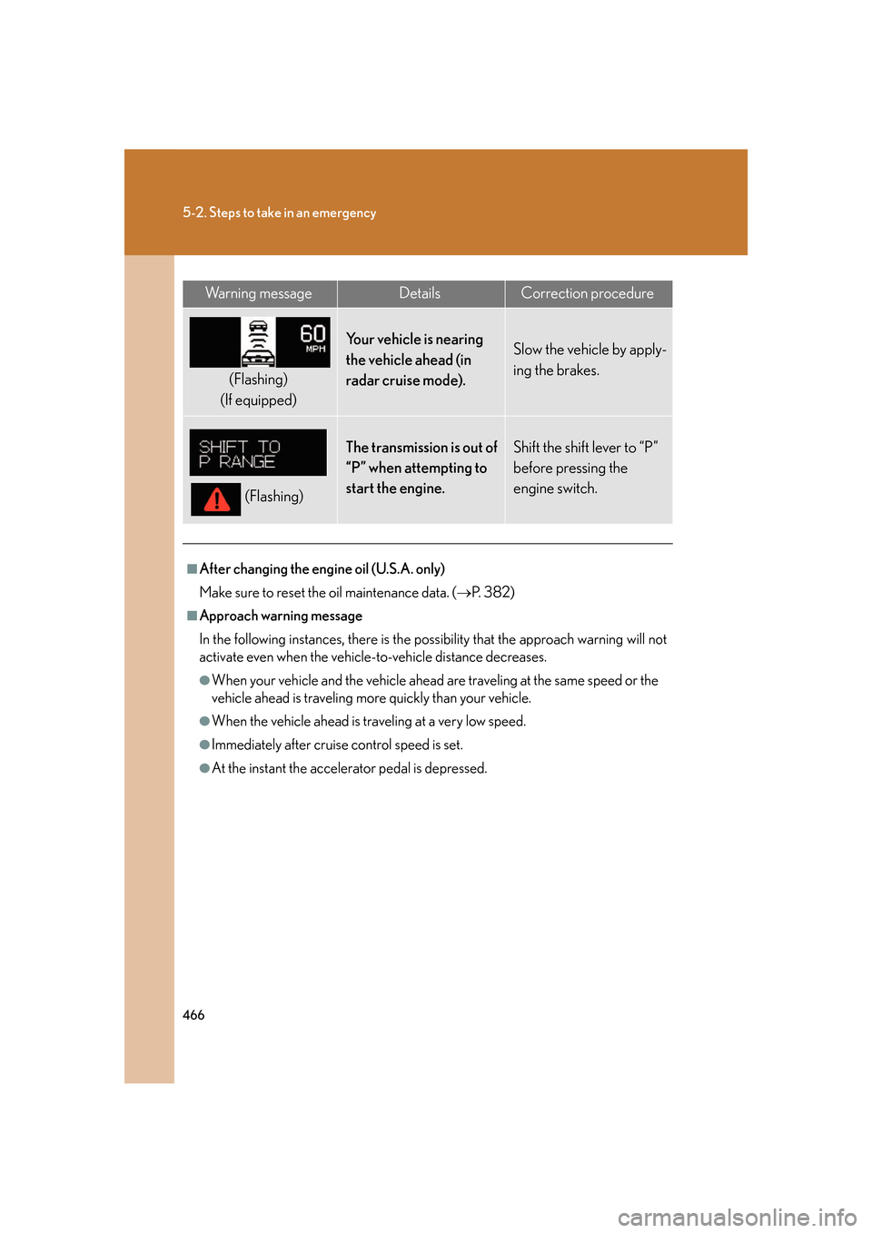 Lexus GS350 2007 Do-it-yourself maintenance / LEXUS 2007 GS430/350 OWNERS MANUAL (OM30A04U) 466
5-2. Steps to take in an emergency
Wa r n i n g m e s s a g eDetailsCorrection procedure
(Flashing)
(If equipped)
Yo u r v e h i c l e i s n e a r i n g
the vehicle ahead (in
radar cruise m Lexus GS350 2007 Do-it-yourself maintenance / LEXUS 2007 GS430/350 OWNERS MANUAL (OM30A04U) 466
5-2. Steps to take in an emergency
Wa r n i n g m e s s a g eDetailsCorrection procedure
(Flashing)
(If equipped)
Yo u r v e h i c l e i s n e a r i n g
the vehicle ahead (in
radar cruise m