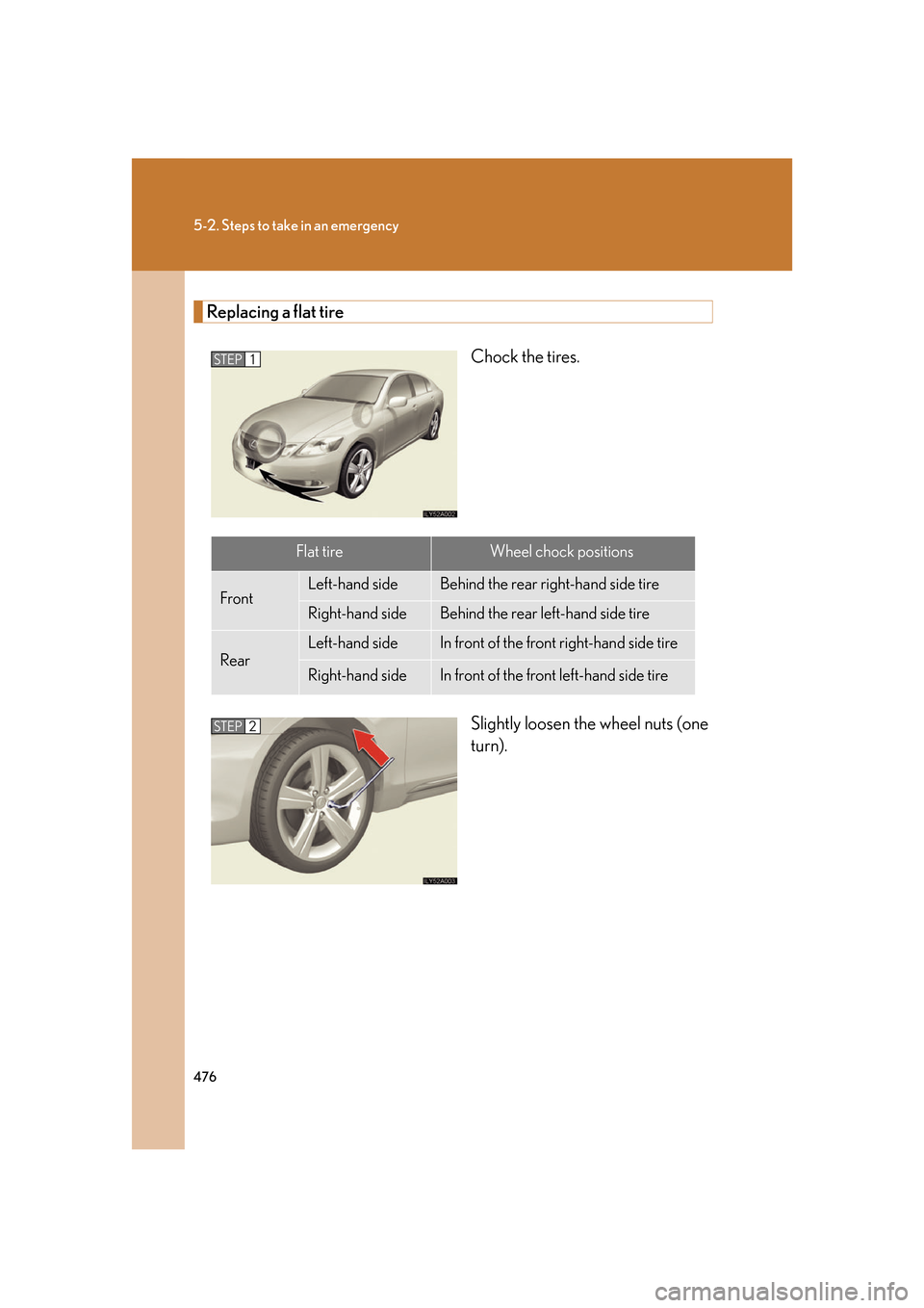 Lexus GS350 2007  Do-it-yourself maintenance / LEXUS 2007 GS430/350 OWNERS MANUAL (OM30A04U) 476
5-2. Steps to take in an emergency
Replacing a flat tire
Chock the tires.
Slightly loosen the wheel nuts (one 
turn).
STEP1
Flat tireWheel chock positions
FrontLeft-hand sideBehind the rear right-