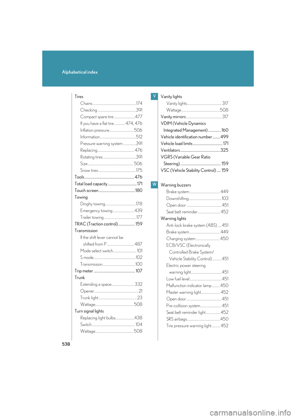 Lexus GS350 2007  Do-it-yourself maintenance / LEXUS 2007 GS430/350 OWNERS MANUAL (OM30A04U) 538
Alphabetical index
TiresChains ....................................................... 174
Checking ................................................. 391
Compact spare tire .......................