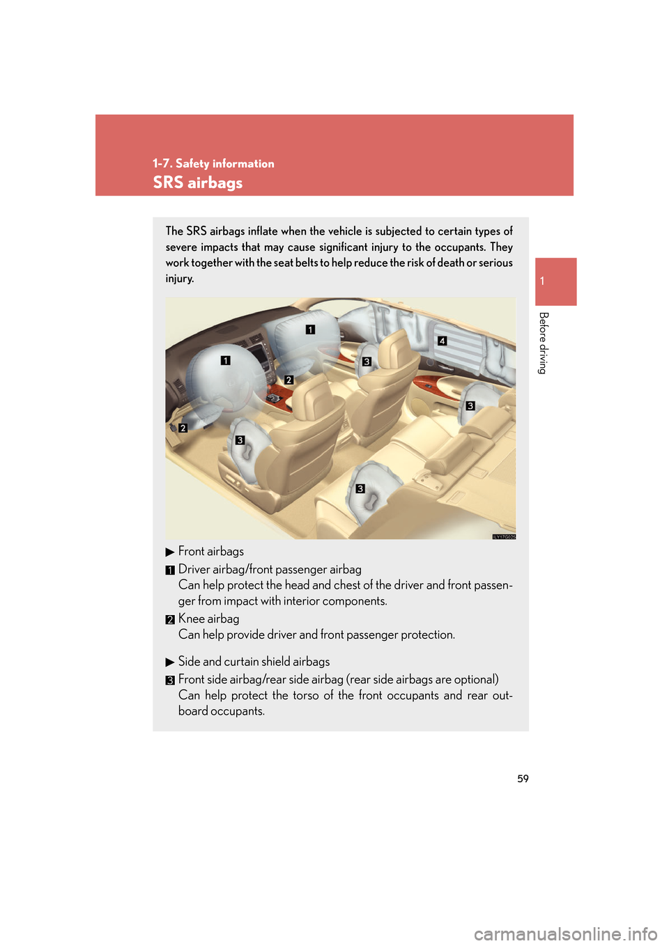 Lexus GS350 2007 Do-it-yourself maintenance / LEXUS 2007 GS430/350 (OM30A04U) Manual PDF 59
1
1-7. Safety information
Before driving
SRS airbags
The SRS airbags inflate when the vehicle is subjected to certain types of
severe impacts that may cause signific ant injury to the occupants. T Lexus GS350 2007 Do-it-yourself maintenance / LEXUS 2007 GS430/350 (OM30A04U) Manual PDF 59
1
1-7. Safety information
Before driving
SRS airbags
The SRS airbags inflate when the vehicle is subjected to certain types of
severe impacts that may cause signific ant injury to the occupants. T