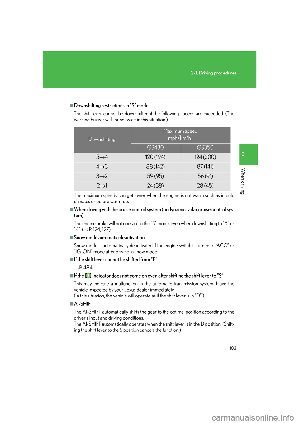 Lexus GS350 2007  Specifications / LEXUS 2007 GS430/350 OWNERS MANUAL (OM30A04U) 103
2-1. Driving procedures
2
When driving
■Downshifting restrictions in “S” mode
The shift lever cannot be downshifted if the following speeds are exceeded. (The 
w
arning buzzer will sound twi