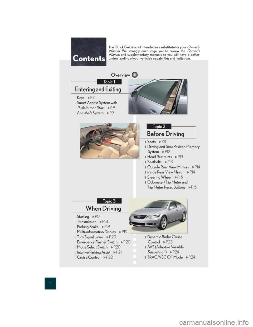 Lexus GS350 2007 Anti-theft system / LEXUS 2007 GS430/350 QUICK REFERENCE MANUAL 1
When Driving
Topic 3
Overview
Contents
Entering and Exiting
Topic 1
Before Driving
Topic 2
lStartingP.1 7
lTransmissionP.1 8
lParking BrakeP.1 8
lMulti-information DisplayP.1 9
lTu r n S i g n a l Lexus GS350 2007 Anti-theft system / LEXUS 2007 GS430/350 QUICK REFERENCE MANUAL 1
When Driving
Topic 3
Overview
Contents
Entering and Exiting
Topic 1
Before Driving
Topic 2
lStartingP.1 7
lTransmissionP.1 8
lParking BrakeP.1 8
lMulti-information DisplayP.1 9
lTu r n S i g n a l