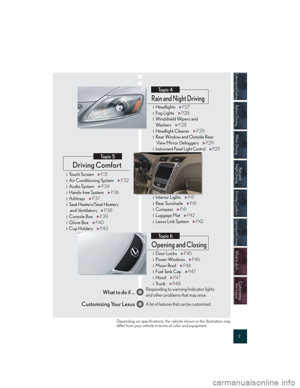 Lexus GS350 2007 Anti-theft system / LEXUS 2007 GS430/350 QUICK REFERENCE MANUAL Entering and Exiting
Before Driving
When Driving
Rain and
Night Driving
Driving Comfort
Opening and Closing
What to do if ...
Customizing
Yo u r L e x u s
2
Driving Comfort
Topic 5
Opening and Closi Lexus GS350 2007 Anti-theft system / LEXUS 2007 GS430/350 QUICK REFERENCE MANUAL Entering and Exiting
Before Driving
When Driving
Rain and
Night Driving
Driving Comfort
Opening and Closing
What to do if ...
Customizing
Yo u r L e x u s
2
Driving Comfort
Topic 5
Opening and Closi