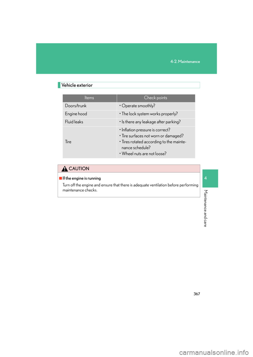 Lexus GS350 2007  Using the interior lights / LEXUS 2007 GS430/350 OWNERS MANUAL (OM30A04U) 367
4-2. Maintenance
4
Maintenance and care
Vehicle exterior
ItemsCheck points
Doors/trunk• Operate smoothly?
Engine hood• The lock system works properly?
Fluid leaks• Is there any leakage after Lexus GS350 2007  Using the interior lights / LEXUS 2007 GS430/350 OWNERS MANUAL (OM30A04U) 367
4-2. Maintenance
4
Maintenance and care
Vehicle exterior
ItemsCheck points
Doors/trunk• Operate smoothly?
Engine hood• The lock system works properly?
Fluid leaks• Is there any leakage after