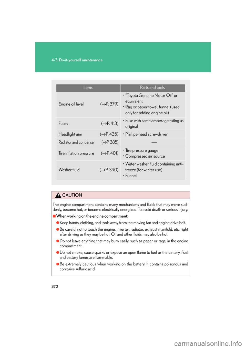 Lexus GS350 2007  Using the interior lights / LEXUS 2007 GS430/350 OWNERS MANUAL (OM30A04U) 370
4-3. Do-it-yourself maintenance
CAUTION
The engine compartment contains many mechanisms and fluids that may move sud-
denly, become hot, or become electrically energized. To avoid death or serious Lexus GS350 2007  Using the interior lights / LEXUS 2007 GS430/350 OWNERS MANUAL (OM30A04U) 370
4-3. Do-it-yourself maintenance
CAUTION
The engine compartment contains many mechanisms and fluids that may move sud-
denly, become hot, or become electrically energized. To avoid death or serious