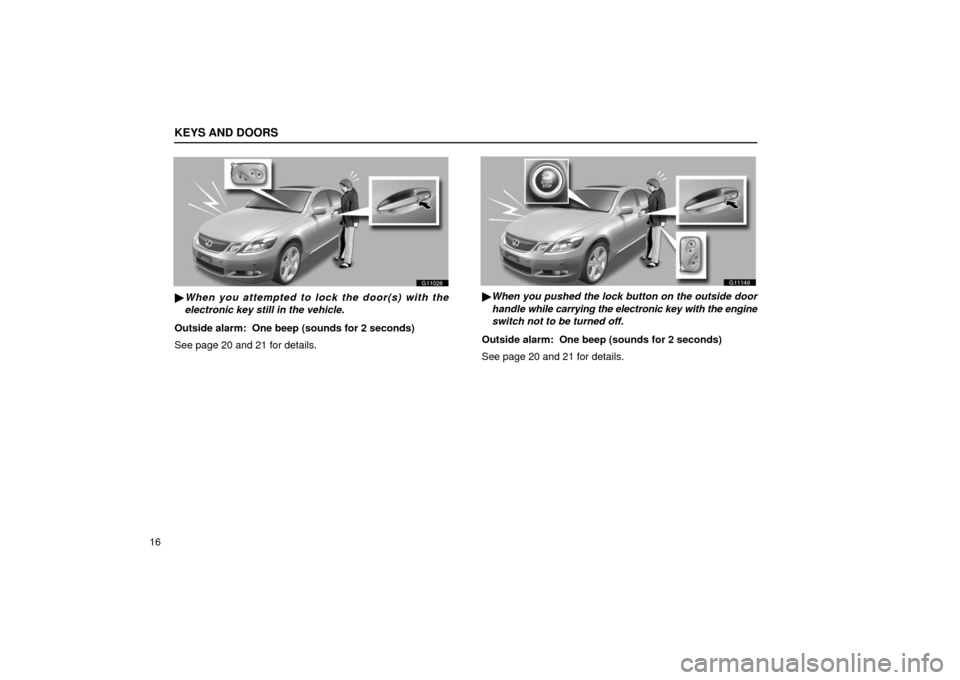 Lexus GS430 2006  Scheduled Maintenance Guide / LEXUS 2006 GS430/GS300 FROM JAN. 2005 PROD.  (OM30649U) Owners Guide KEYS AND DOORS
16
G11026
When you attempted to lock the door(s) with the
electronic key still in the vehicle.
Outside alarm:  One beep (sounds for 2 seconds)
See page 20 and 21 for details.
G11149
 