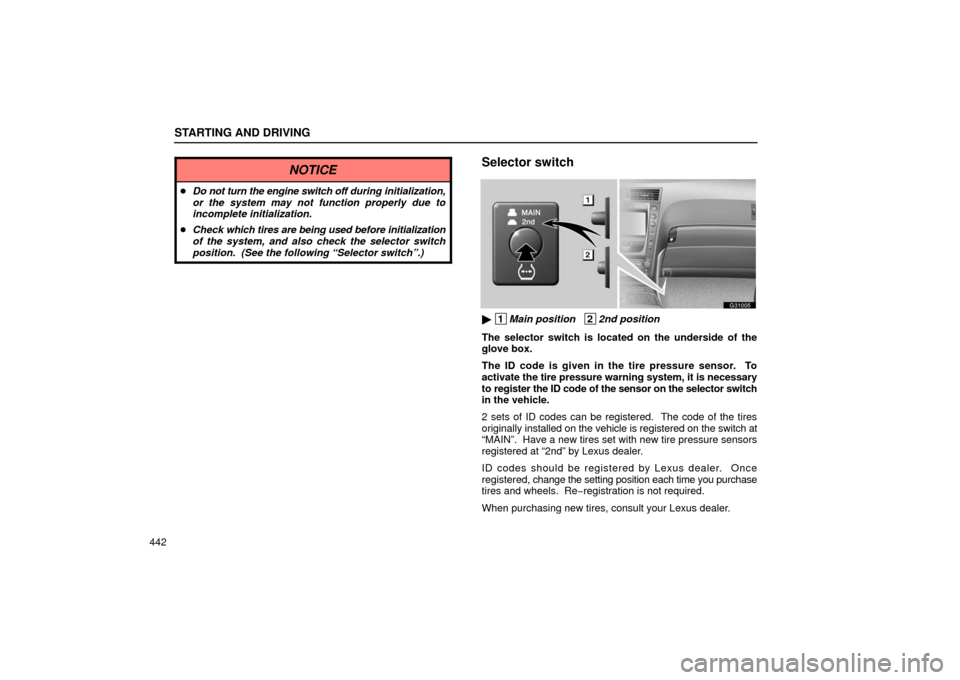 Lexus GS430 2006  Scheduled Maintenance Guide / LEXUS 2006 GS430/GS300 FROM JAN. 2005 PROD.  (OM30649U) Workshop Manual STARTING AND DRIVING
442
NOTICE
Do not turn the engine switch off  during initialization,
or the system may not function properly due to
incomplete initialization.
 Check  which tires are being used