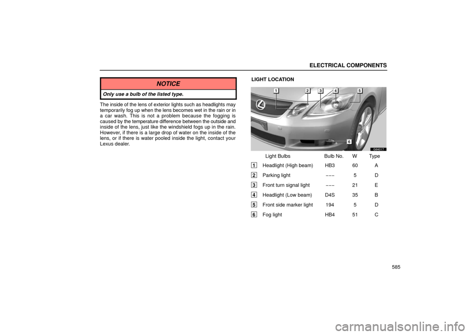 Lexus GS430 2006  Scheduled Maintenance Guide / LEXUS 2006 GS430/GS300 FROM JAN. 2005 PROD. OWNERS MANUAL (OM30649U) ELECTRICAL COMPONENTS
585
NOTICE
Only use a bulb of the listed type.
The inside of the lens of exterior lights such as headlights may
temporarily fog up when the lens becomes wet in the rain or in
a c