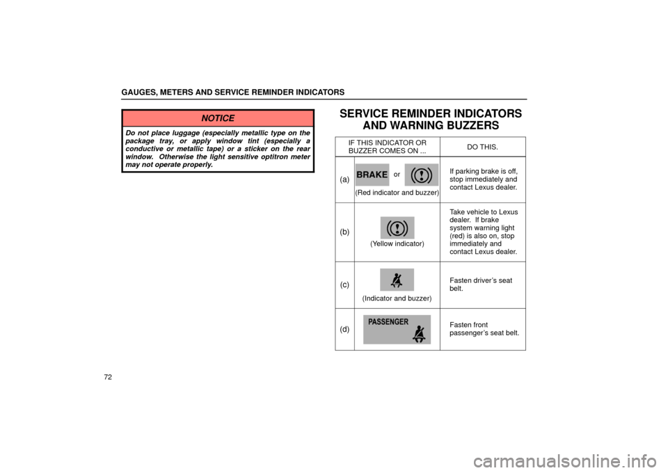 Lexus GS430 2006  Scheduled Maintenance Guide / LEXUS 2006 GS430/GS300 FROM JAN. 2005 PROD. OWNERS MANUAL (OM30649U) GAUGES, METERS AND SERVICE REMINDER INDICATORS
72
NOTICE
Do not place luggage (especially metallic type on the
package tray, or apply window tint (especially a
conductive or metallic tape) or a sticke