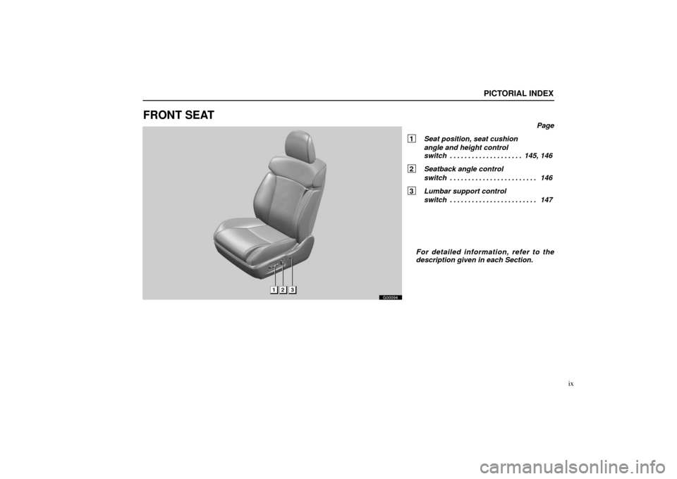 Lexus GS430 2006  Scheduled Maintenance Guide / LEXUS 2006 GS430/GS300 FROM JAN. 2006 PROD. OWNERS MANUAL (OM30786U) G00094
PICTORIAL INDEX
ix
FRONT SEAT 
Page
1 Seat position, seat cushion 
angle and height control 
switch 145, 146
. . . . . . . . . . . . . . . . . . . . 
2  Seatback angle control 
switch 146
. . .