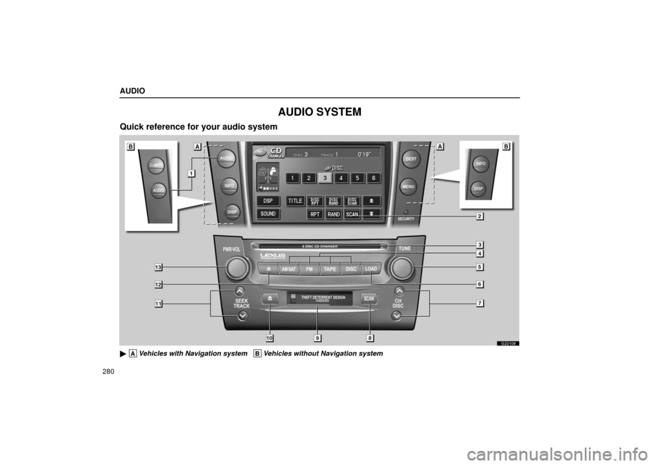 Lexus GS430 2006  Scheduled Maintenance Guide / LEXUS 2006 GS430/GS300 FROM JAN. 2006 PROD. OWNERS MANUAL (OM30786U) AUDIO
280
AUDIO SYSTEM
Quick reference for your audio system
G22108
 AVehicles with Navigation system   BVehicles without Navigation system 