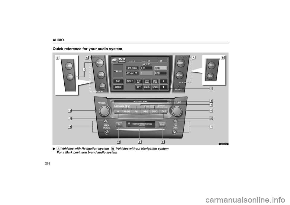 Lexus GS430 2006  Scheduled Maintenance Guide / LEXUS 2006 GS430/GS300 FROM JAN. 2006 PROD. OWNERS MANUAL (OM30786U) AUDIO
282
Quick reference for your audio system
G22109
 AVehicles with Navigation system   BVehicles without Navigation system  
 For a Mark Levinson brand audio system 