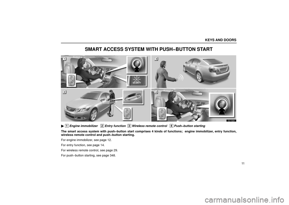 Lexus GS430 2006  Scheduled Maintenance Guide / LEXUS 2006 GS430/GS300 FROM JAN. 2006 PROD.  (OM30786U) Owners Guide KEYS AND DOORS
11
SMART ACCESS SYSTEM WITH PUSH�BUTTON START
G11024
 1Engine immobilizer   2Entry function  3Wireless remote control   4Push�button starting
The smart access system with push�button s