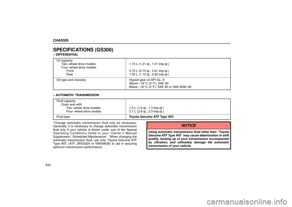 Lexus GS430 2006  Scheduled Maintenance Guide / LEXUS 2006 GS430/GS300 FROM JAN. 2006 PROD. OWNERS MANUAL (OM30786U) CHASSIS
544
SPECIFICATIONS (GS300)
– DIFFERENTIALOil capacity Tw o −wheel drive models
Four− wheel drive models
Front
Rear
1.15 L (1.21 qt., 1.01 lmp.qt.)
0.70 L (0.73 qt., 0.61 lmp.qt.)
1.05 L 