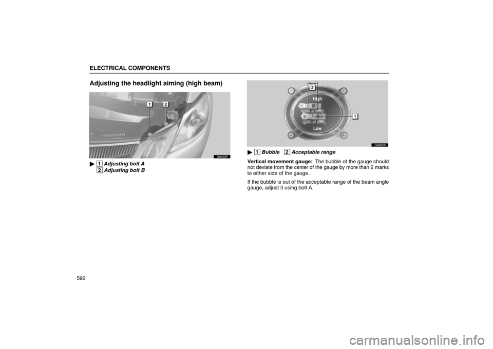 Lexus GS430 2006  Scheduled Maintenance Guide / LEXUS 2006 GS430/GS300 FROM JAN. 2006 PROD. OWNERS MANUAL (OM30786U) ELECTRICAL COMPONENTS
592
Adjusting the headlight aiming (high beam)
G64025
 1Adjusting bolt A
 2Adjusting bolt B
G64026
 1Bubble   2Acceptable range
Vertical movement gauge:   The bubble of the gau