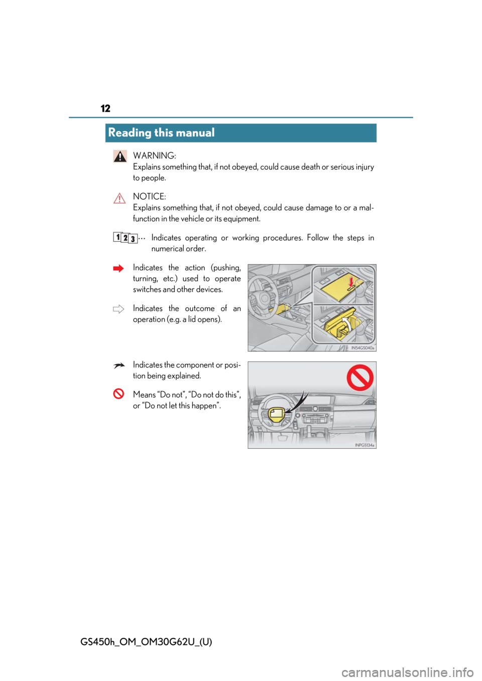 Lexus GS450h 2018   / LEXUS 2018 GS450H  (OM30G62U) User Guide 12
GS450h_OM_OM30G62U_(U)
Reading this manual
WARNING: 
Explains something that, if not obeyed, could cause death or serious injury
to people.
NOTICE: 
Explains something that, if not obey ed, could c