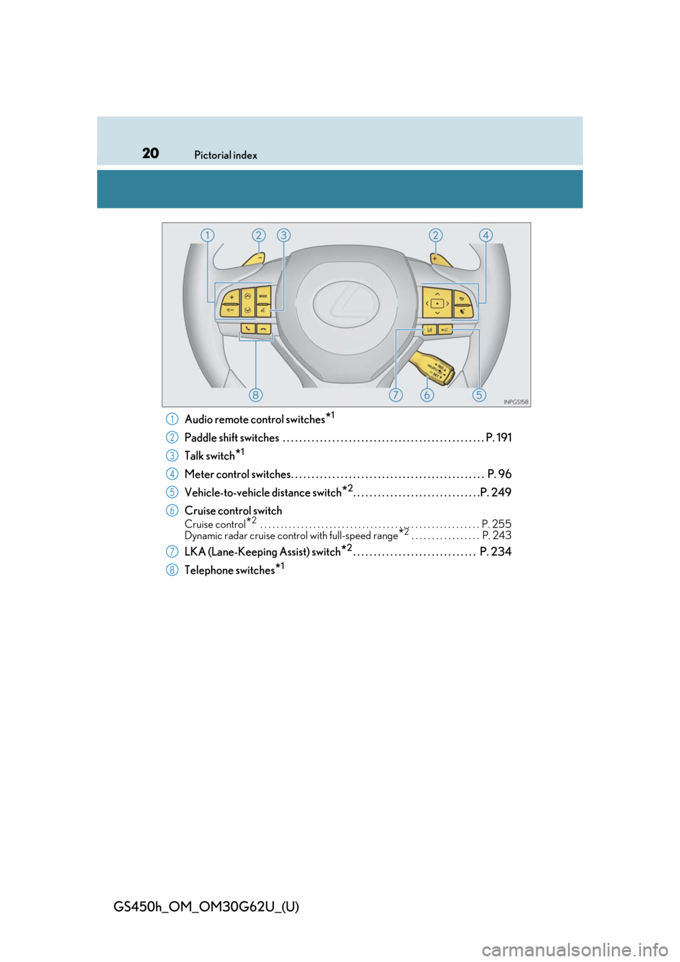 Lexus GS450h 2018 / LEXUS 2018 GS450H (OM30G62U) User Guide 20Pictorial index
GS450h_OM_OM30G62U_(U)
Audio remote control switches*1
Paddle shift switches . . . . . . . . . . . . . . . . . . . . . . . . . . . . . . . . . . . . . . . . . . . . . . . . . P. 191 Lexus GS450h 2018 / LEXUS 2018 GS450H (OM30G62U) User Guide 20Pictorial index
GS450h_OM_OM30G62U_(U)
Audio remote control switches*1
Paddle shift switches . . . . . . . . . . . . . . . . . . . . . . . . . . . . . . . . . . . . . . . . . . . . . . . . . P. 191