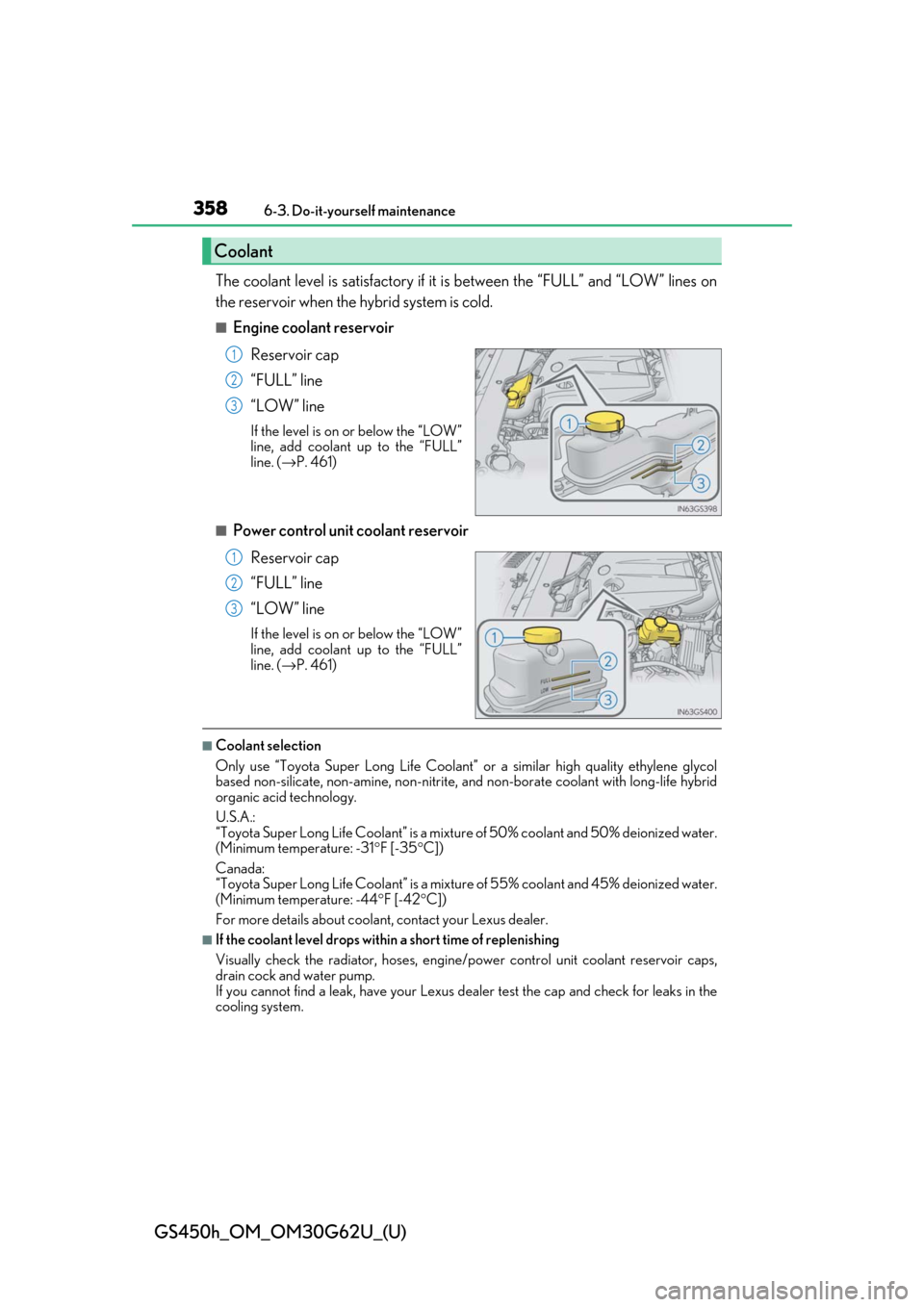 Lexus GS450h 2018  Owners Manual / LEXUS 2018 GS450H OWNERS MANUAL (OM30G62U) 358
GS450h_OM_OM30G62U_(U)
6-3. Do-it-yourself maintenance
The coolant level is satisfactory if it is between the “FULL” and “LOW” lines on
the reservoir when the hybrid system is cold.
■Eng