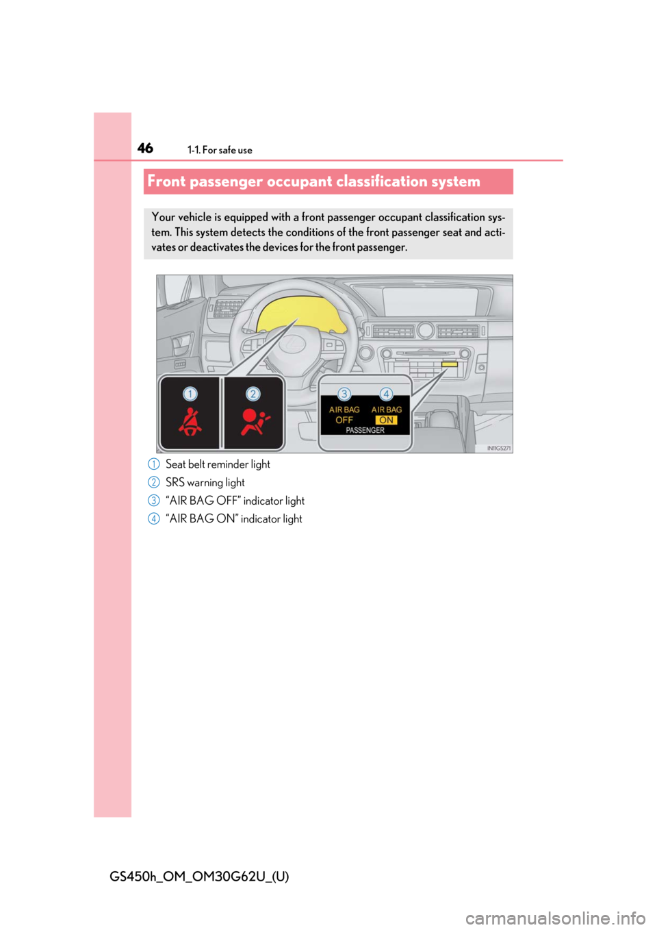 Lexus GS450h 2018   / LEXUS 2018 GS450H  (OM30G62U) Service Manual 461-1. For safe use
GS450h_OM_OM30G62U_(U)
Front passenger occupant classification system
Seat belt reminder light
SRS warning light
“AIR BAG OFF” indicator light
“AIR BAG ON” indicator light

