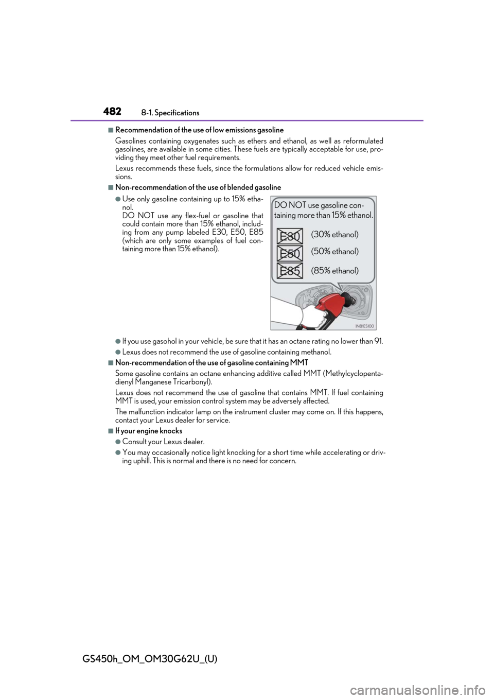Lexus GS450h 2018 Owners Manual / LEXUS 2018 GS450H OWNERS MANUAL (OM30G62U) 482
GS450h_OM_OM30G62U_(U)
8-1. Specifications
■Recommendation of the use of low emissions gasoline
Gasolines containing oxygenates such as ethers and ethanol, as well as reformulated
gasolines, are Lexus GS450h 2018 Owners Manual / LEXUS 2018 GS450H OWNERS MANUAL (OM30G62U) 482
GS450h_OM_OM30G62U_(U)
8-1. Specifications
■Recommendation of the use of low emissions gasoline
Gasolines containing oxygenates such as ethers and ethanol, as well as reformulated
gasolines, are