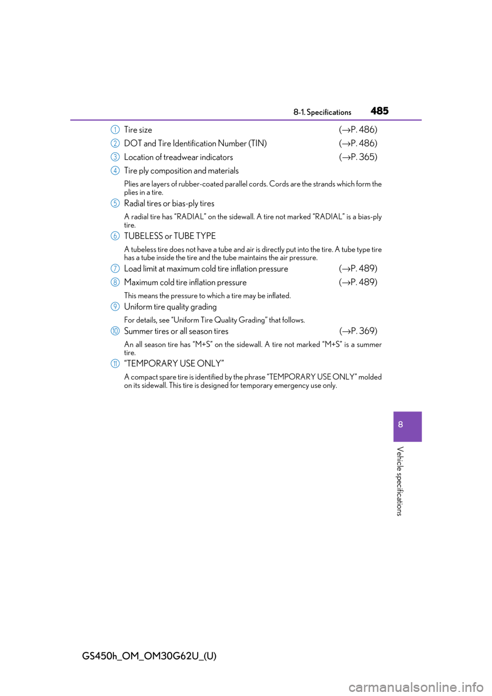 Lexus GS450h 2018  Owners Manual / LEXUS 2018 GS450H OWNERS MANUAL (OM30G62U) GS450h_OM_OM30G62U_(U)
4858-1. Specifications
8
Vehicle specifications
Tire size (→ P. 486)
DOT and Tire Identification Number (TIN) (→ P. 486)
Location of trea dwear indicators (→ P. 365)
Tire 