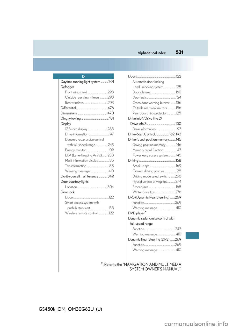 Lexus GS450h 2018  Owners Manual / LEXUS 2018 GS450H OWNERS MANUAL (OM30G62U) 531Alphabetical index
GS450h_OM_OM30G62U_(U)
Daytime running light system ........... 201
DefoggerFront windshield .................................293
Outside rear view  mirrors .............293
Rear