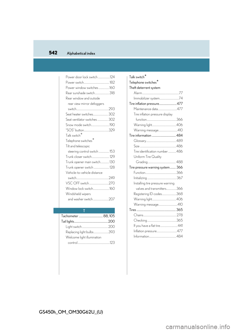 Lexus GS450h 2018  Owners Manual / LEXUS 2018 GS450H OWNERS MANUAL (OM30G62U) 542Alphabetical index
GS450h_OM_OM30G62U_(U)
Power door lock switch ...................124
Power switch......................................... 182
Power window switches ................. 160
Rear su
