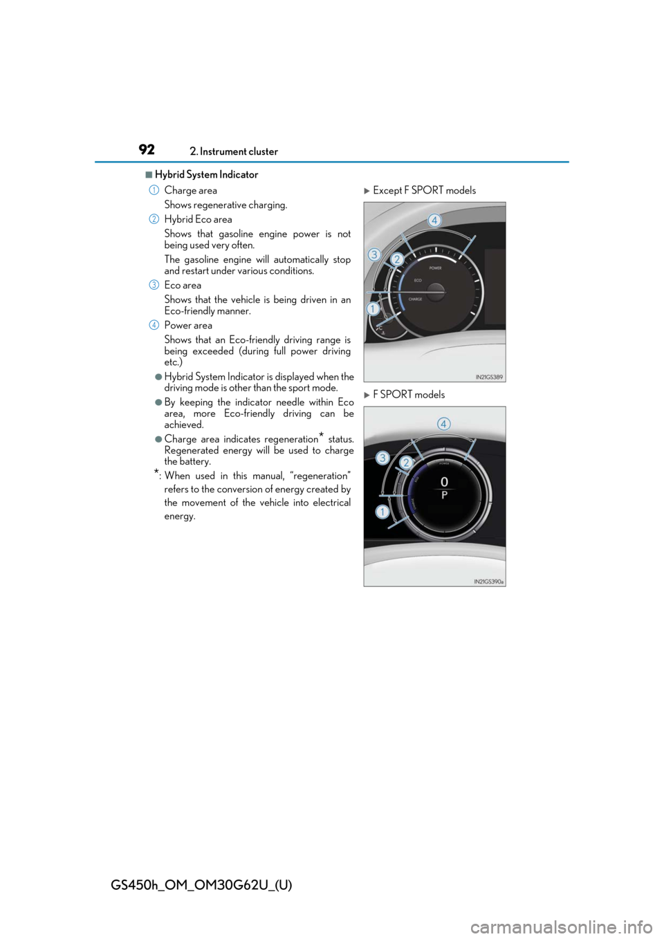 Lexus GS450h 2018 / LEXUS 2018 GS450H (OM30G62U) Owners Manual 92
GS450h_OM_OM30G62U_(U)
2. Instrument cluster
■Hybrid System IndicatorCharge area
Shows regenerative charging.
Hybrid Eco area
Shows that gasoline engine power is not
being used very often.
The ga Lexus GS450h 2018 / LEXUS 2018 GS450H (OM30G62U) Owners Manual 92
GS450h_OM_OM30G62U_(U)
2. Instrument cluster
■Hybrid System IndicatorCharge area
Shows regenerative charging.
Hybrid Eco area
Shows that gasoline engine power is not
being used very often.
The ga