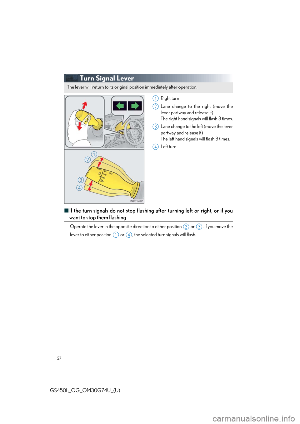 Lexus GS450h 2018 / LEXUS 2018 GS450H QUICK GUIDE (OM30G74U) Owners Guide 27
GS450h_QG_OM30G74U_(U)
Turn Signal Lever
Right turn
Lane change to the right (move the
lever partway and release it)
The right hand signals will flash 3 times.
Lane change to the left (move the lev Lexus GS450h 2018 / LEXUS 2018 GS450H QUICK GUIDE (OM30G74U) Owners Guide 27
GS450h_QG_OM30G74U_(U)
Turn Signal Lever
Right turn
Lane change to the right (move the
lever partway and release it)
The right hand signals will flash 3 times.
Lane change to the left (move the lev