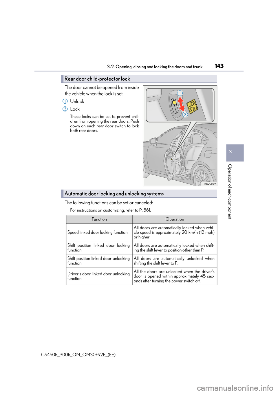Lexus GS450h 2017  Owners Manual 1433-2. Opening, closing and locking the doors and trunk
3
Operation of each component
GS450h_300h_OM_OM30F92E_(EE)
The door cannot be opened from inside 
the vehicle when the lock is set. 
Unlock 
Lo
