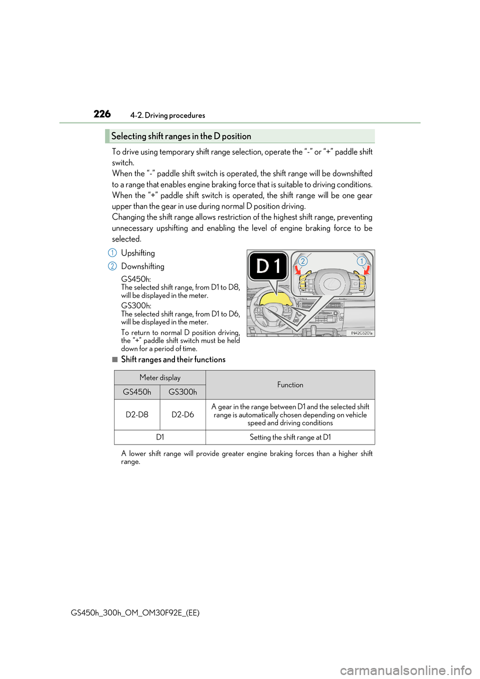 Lexus GS450h 2017 Workshop Manual 2264-2. Driving procedures
GS450h_300h_OM_OM30F92E_(EE)
To drive using temporary shift range selection, operate the “-” or “+” paddle shift
switch.
When the “-” paddle shift switch is o Lexus GS450h 2017 Workshop Manual 2264-2. Driving procedures
GS450h_300h_OM_OM30F92E_(EE)
To drive using temporary shift range selection, operate the “-” or “+” paddle shift
switch.
When the “-” paddle shift switch is o