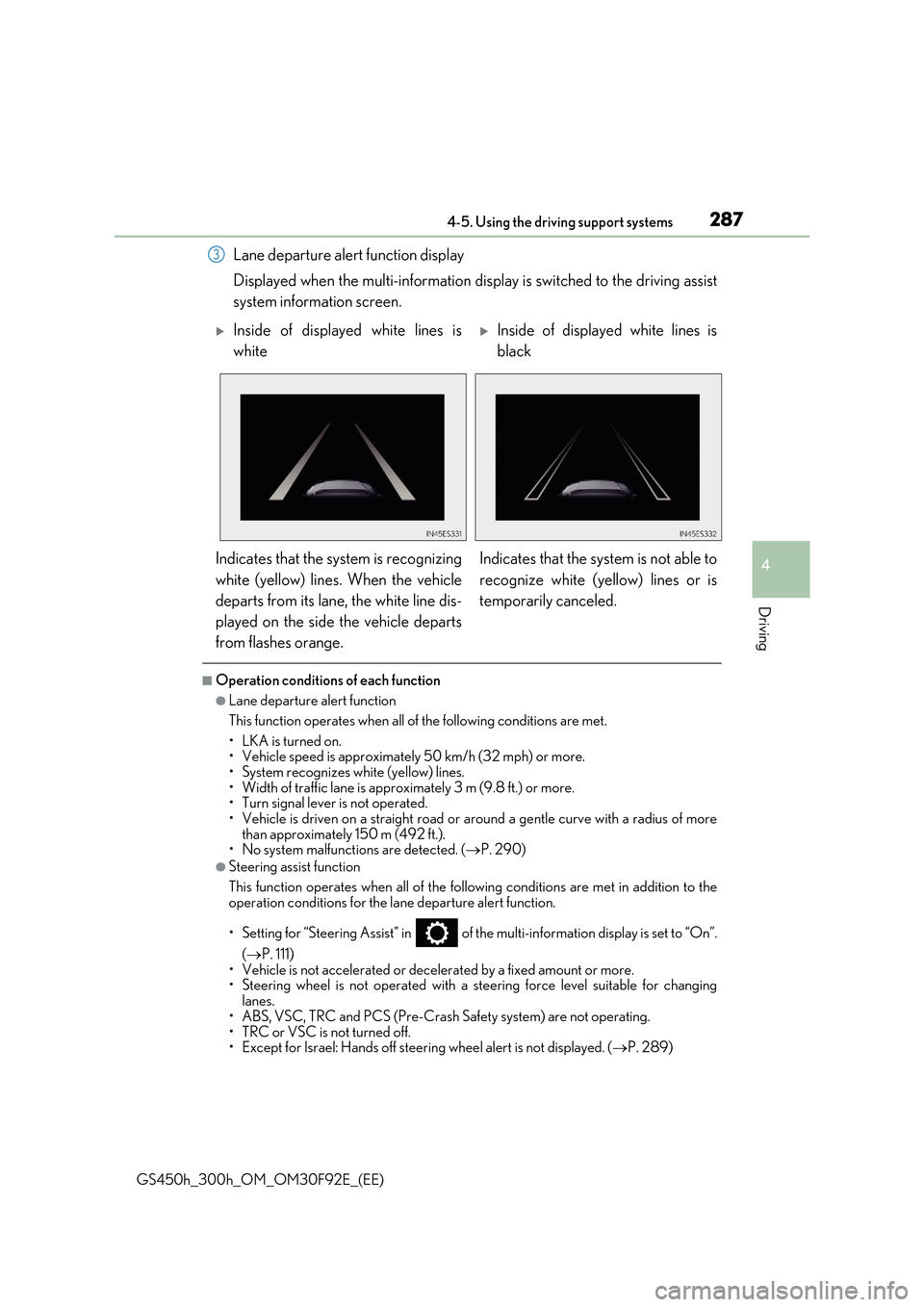 Lexus GS450h 2017 Manual PDF 2874-5. Using the driving support systems
4
Driving
GS450h_300h_OM_OM30F92E_(EE)
Lane departure alert function display
Displayed when the multi-information display is switched to the driving assist
Lexus GS450h 2017 Manual PDF 2874-5. Using the driving support systems
4
Driving
GS450h_300h_OM_OM30F92E_(EE)
Lane departure alert function display
Displayed when the multi-information display is switched to the driving assist