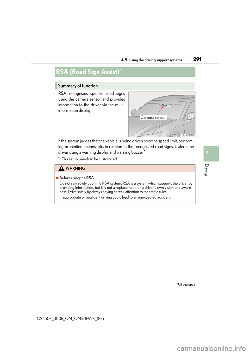 Lexus GS450h 2017 Owners Guide 291
4
4-5. Using the driving support systems
Driving
GS450h_300h_OM_OM30F92E_(EE)
RSA (Road Sign Assist)
RSA recognizes specific road signs
using the camera sensor and provides
information to th Lexus GS450h 2017 Owners Guide 291
4
4-5. Using the driving support systems
Driving
GS450h_300h_OM_OM30F92E_(EE)
RSA (Road Sign Assist)
RSA recognizes specific road signs
using the camera sensor and provides
information to th